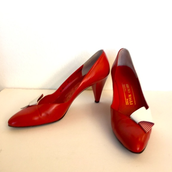 Vintage Bruno Magli heeled pump 7 1/2 Red White Leather Made in Italy - Picture 4 of 6